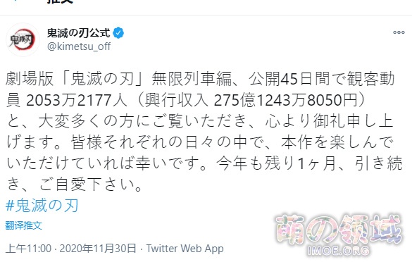 剧场版《鬼灭之刃》票房突破275亿日元,已经日本历史电影票房第二 八卦杂谈 - IMOE.ORG 剧场版《鬼灭之刃》票房突破275亿日元,已经日本历史电影票房第二- 萌の领域