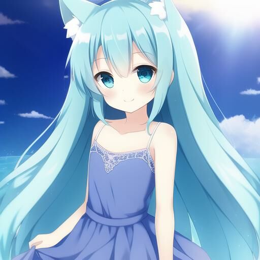 【AI画图/含正负面关键词】蓝发蓝瞳兽耳娘【蓝奏云 64P 40MB】 — 第 1 张 00282-3973592034-long_hair,smile,standing,straight-on,upper body,sheer tulle dress,kemomimi,beautiful detailed eyes,aquagradient eyes,Cyan eyes,a